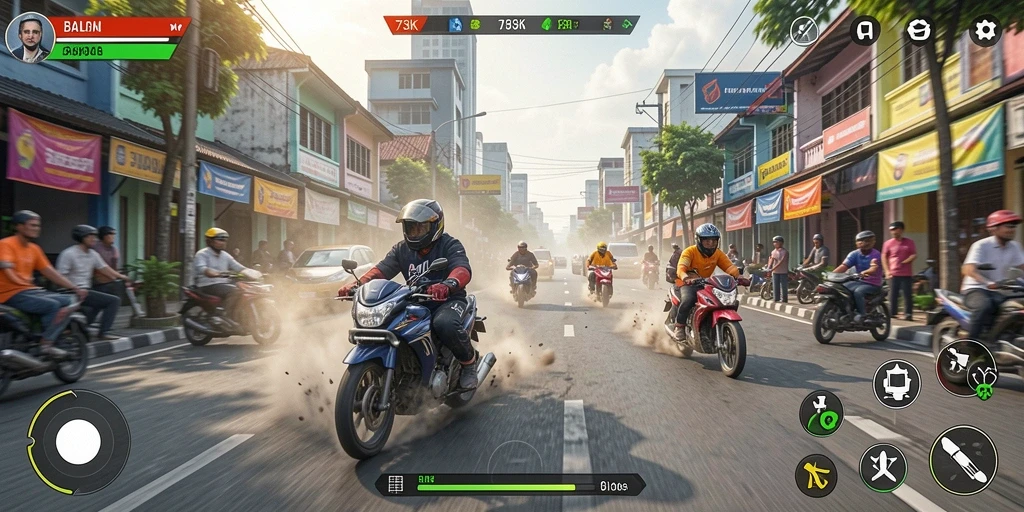 Screenshot gameplay 73K menampilkan aksi balapan yang mendebarkan.