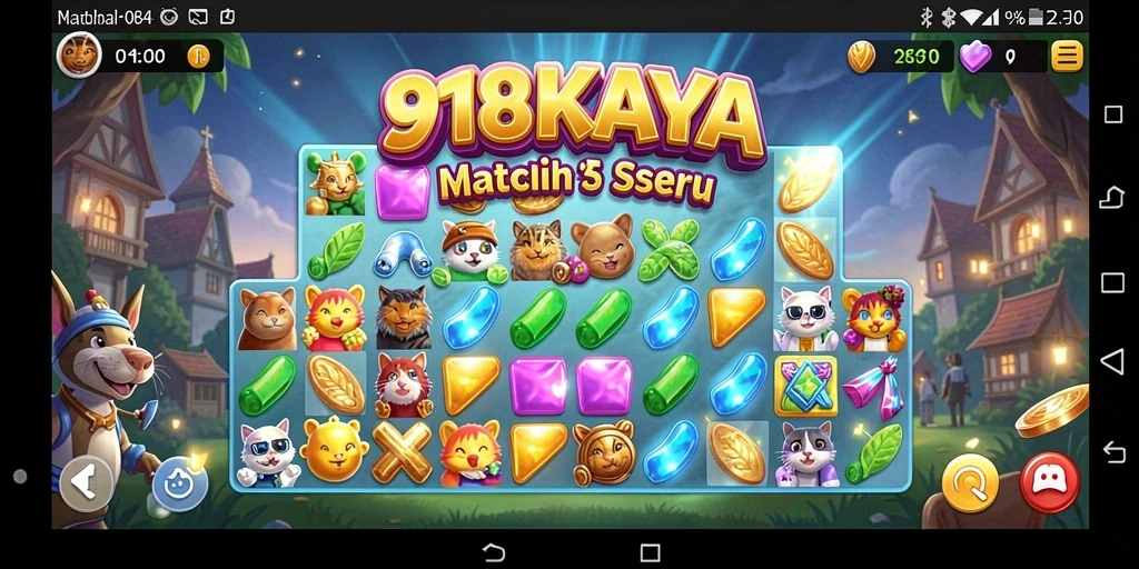 Screenshot utama 918KAYA menampilkan gameplay Match-3 yang seru dan penuh warna.