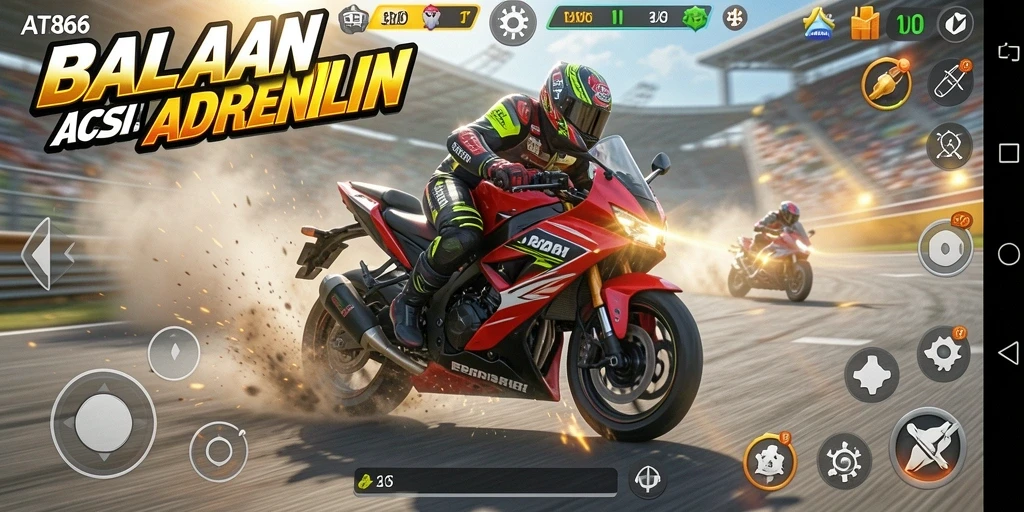 Gameplay seru dengan balapan motor penuh adrenalin dan aksi mendebarkan.