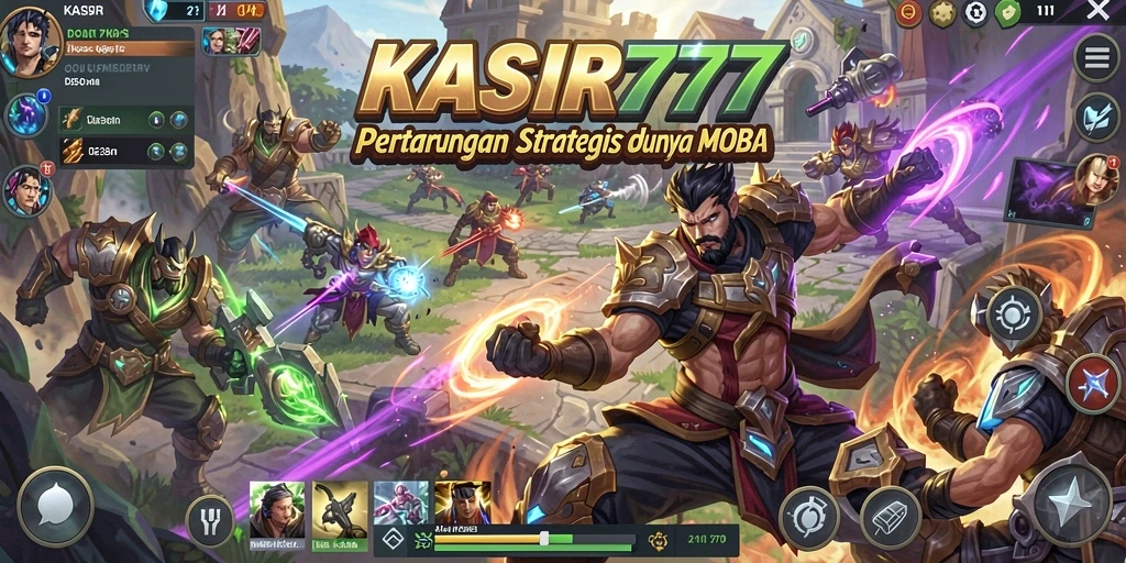 Screenshot gameplay KASIR777 menampilkan pertarungan epik dalam arena MOBA.