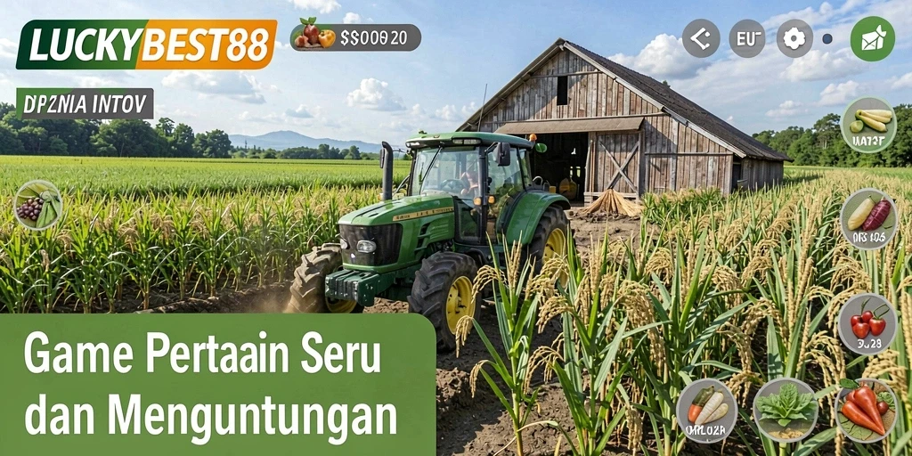Tampilan gameplay LUCKYBEST88 dengan ladang yang subur dan tanaman beragam.