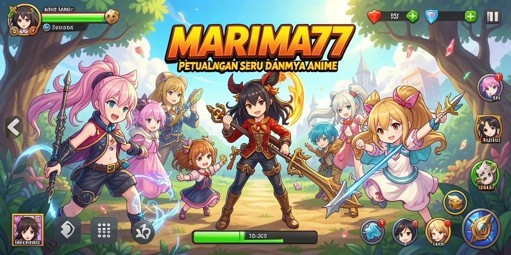 Gameplay MARIMA77 yang penuh warna dan karakter anime ikonik.