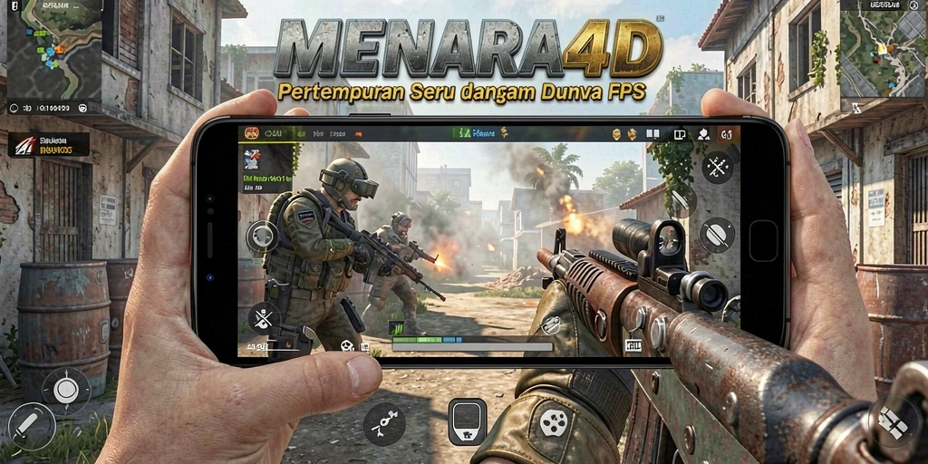 Tangkapan layar MENARA4D yang menampilkan aksi pertempuran FPS yang mendebarkan.