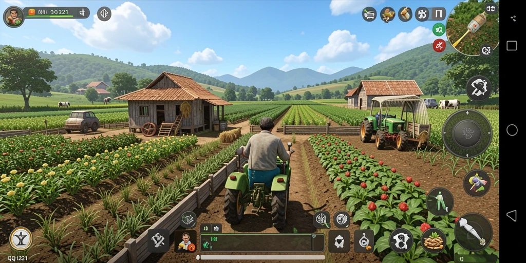 Tampilan gameplay QQ1221 menampilkan ladang yang subur dengan tanaman yang tumbuh.