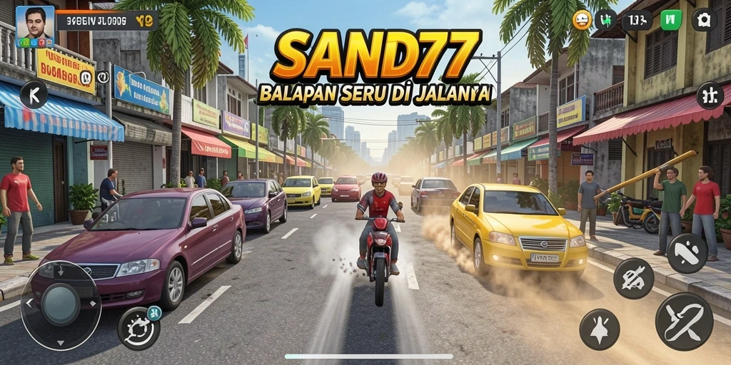 Screenshot gameplay SAND77 menampilkan balapan yang mendebarkan.